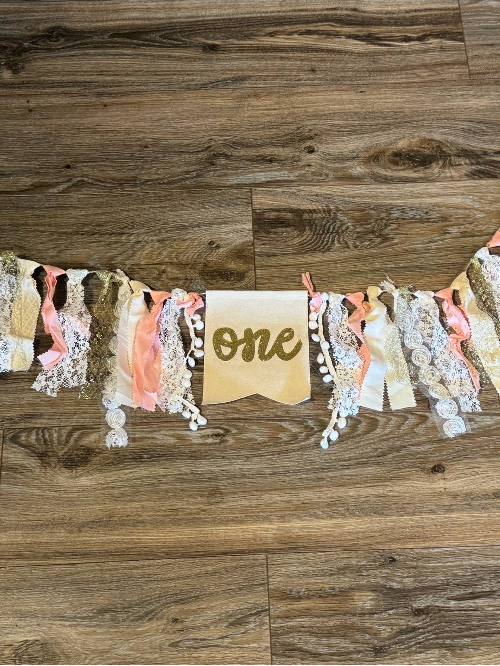 Pink, white, and gold 'One' First Birthday Garland Banner